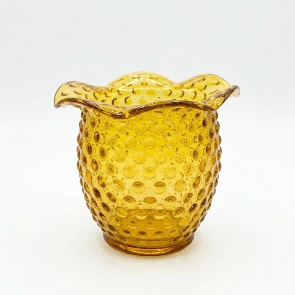 Vintage Amber Hobnail Ruffled Glass Vase